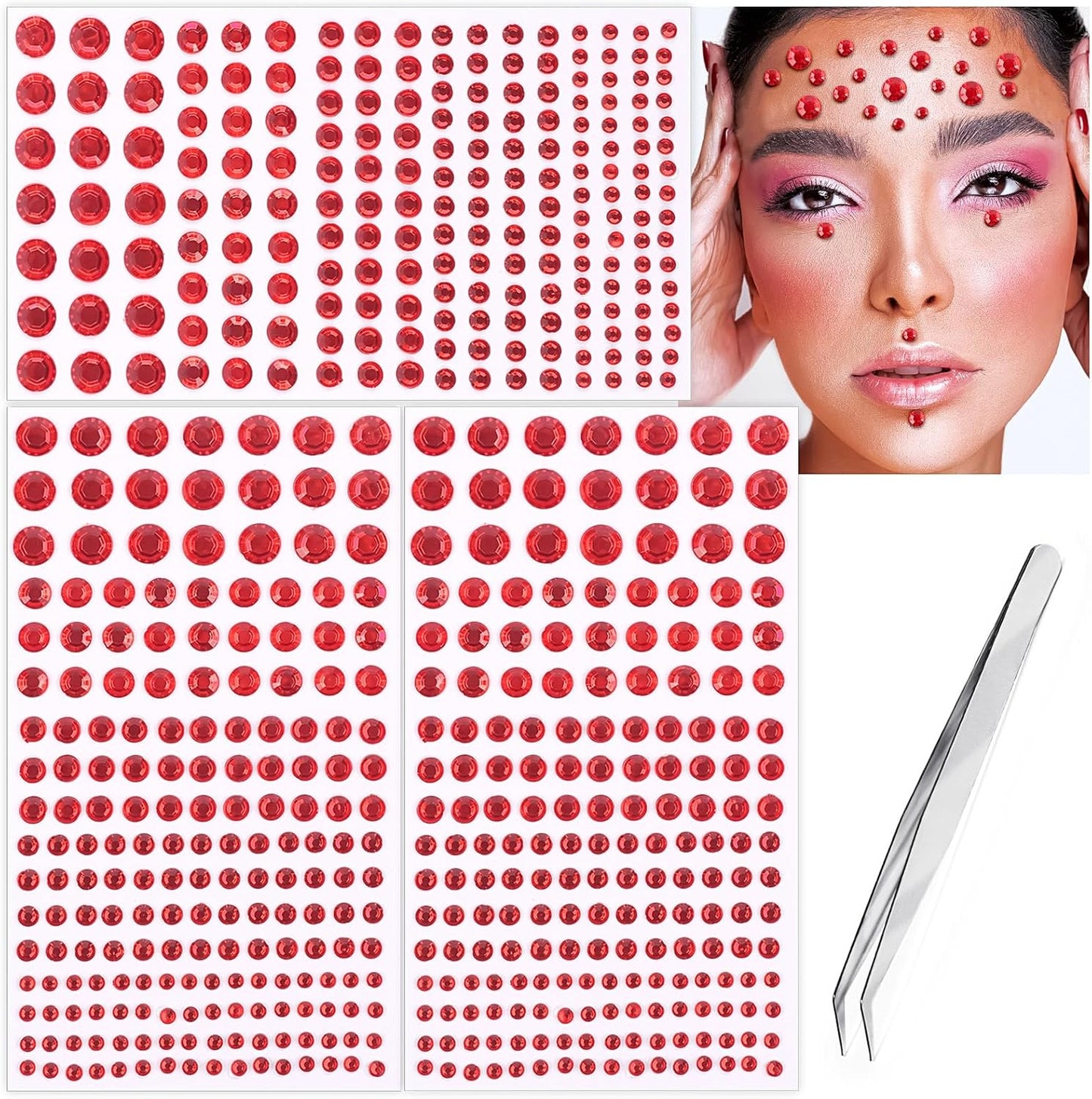 591pcs Face Gems Hair Gems Pearls, Self-Adhesive Face Jewels Eye Rhinestones 3/4/5/6/8 mm Face Gem Stick on, Halloween Makeup Gems Rave Accessories for Face Eyes Body Makeup (15.red)