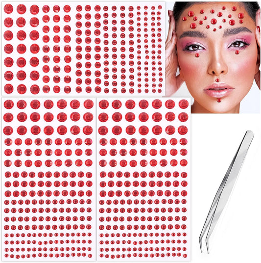 591pcs Face Gems Hair Gems Pearls, Self-Adhesive Face Jewels Eye Rhinestones 3/4/5/6/8 mm Face Gem Stick on, Halloween Makeup Gems Rave Accessories for Face Eyes Body Makeup (15.red)