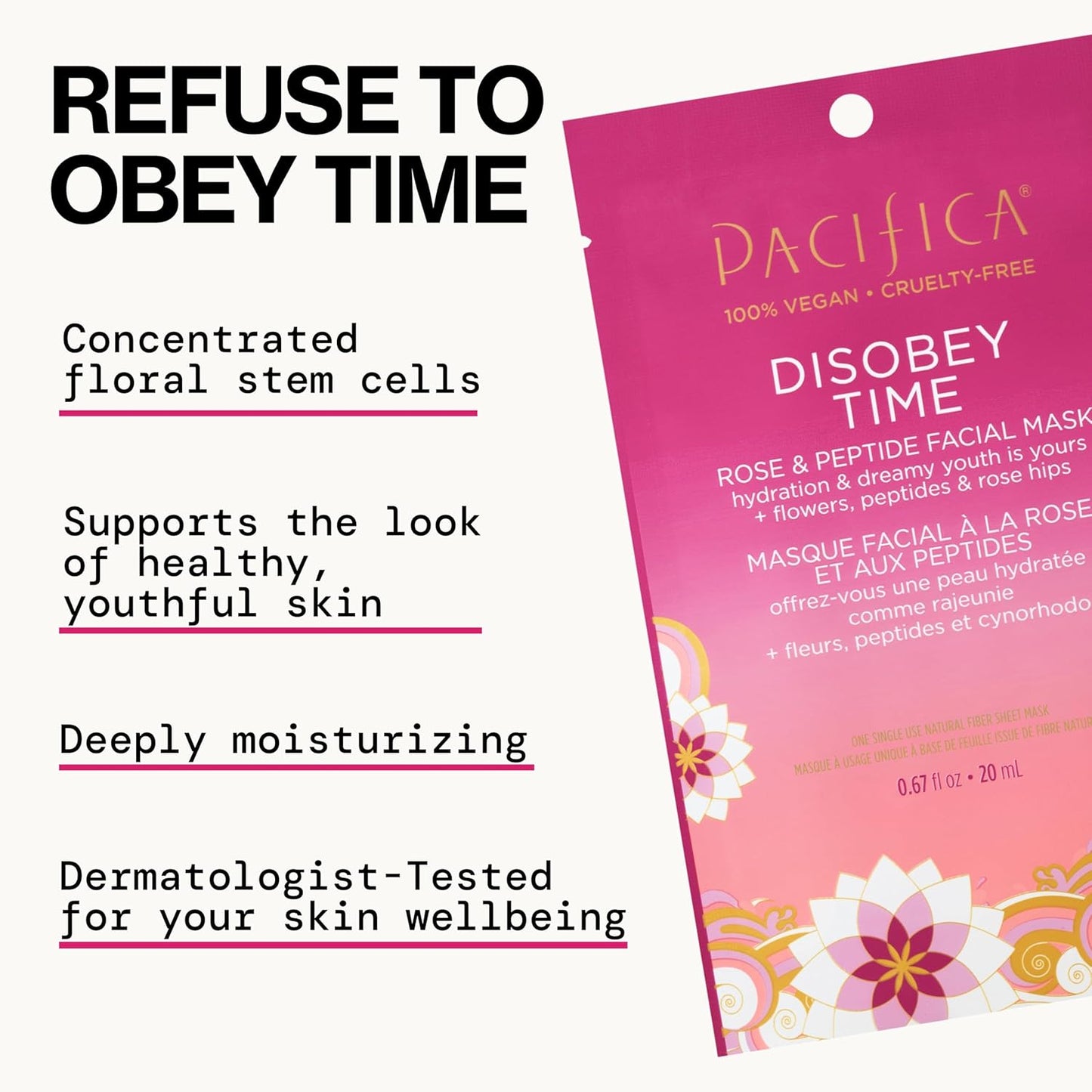Pacifica Disobey Time Anti-Aging Facial Sheet Mask 6-Pack – Hydrating Rose & Peptide Mask for Dry Skin, Infused with Hyaluronic Acid & Green Tea, Fights Fine Lines, Vegan & Cruelty-Free