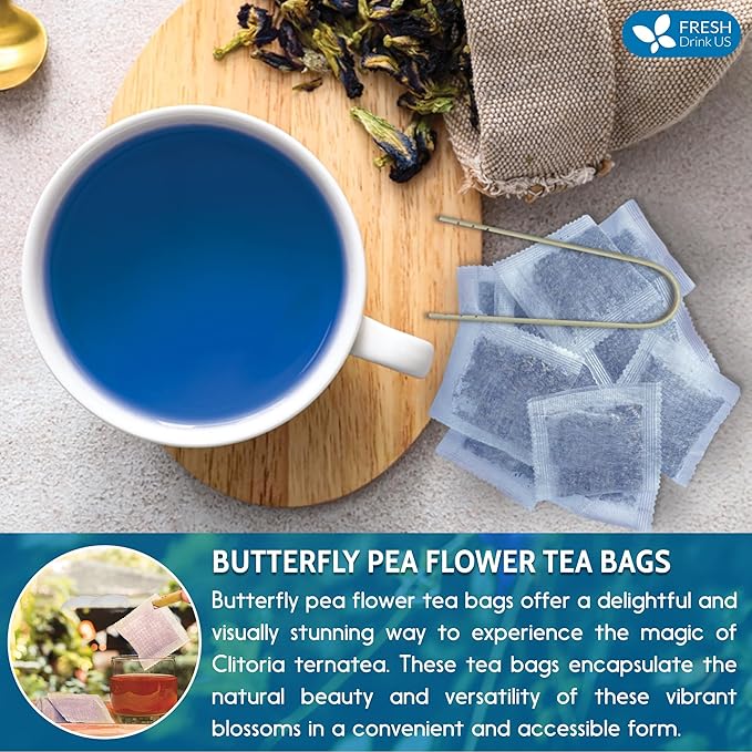 FreshDrinkUS, Premium 100 Blue Butterfly Pea Flowers Tea Bags, 100% Natural and Pure from Butterfly Pea Flowers, Made With Natural Material Tea Bag, No Sugar, No Caffeine, No Gluten, Vegan