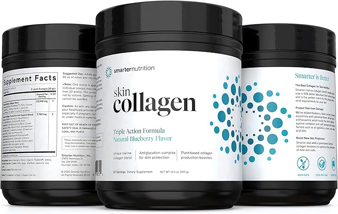 Smarter Nutrition Marine Collagen - Type 1 & 3 Peptides with Herbal Antioxidants for Skin and Hair Health - Vitamin E & C, Green Tea, Berry Powder, Quercetin - (20 Servings (Pack of 1))