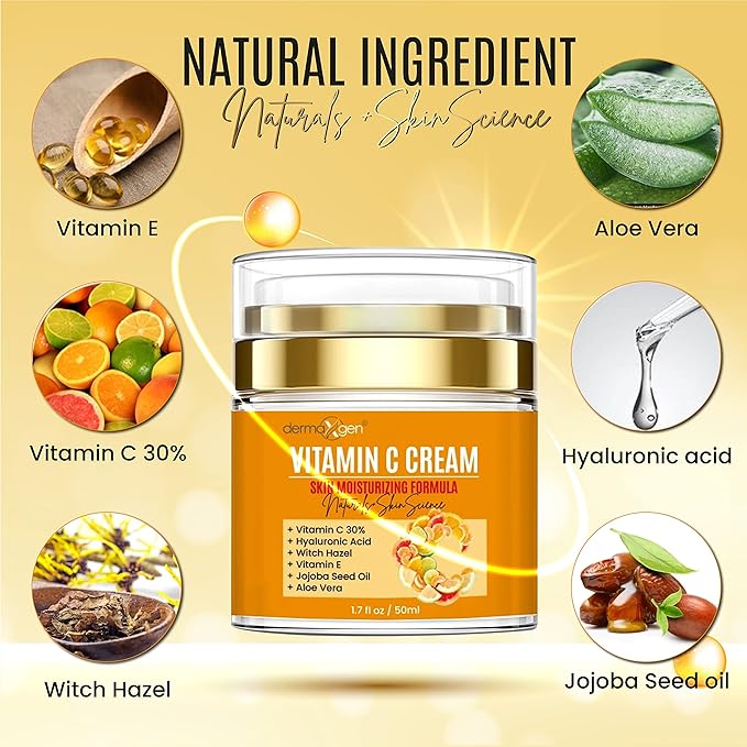 Vitamin C Moisturizing Cream - Organic Glowing Skin Anti-Aging, Rejuvenating, Boosting Collagen Hydrating for Dull, Dry & Sensitive & Oily Skin - 1.7 FL OZ.