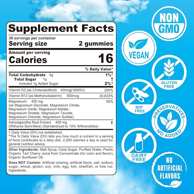 Magnesium Gummies 400mg | as 8 Forms of Magnesium Glycinate, Malate, Citrate, Taurate, Oxide, and More | with Ashwagandha Extract, D3 & B12 Supports for Calm, Zzz, Mood, Muscle Cramp - Vegan 120 Cts