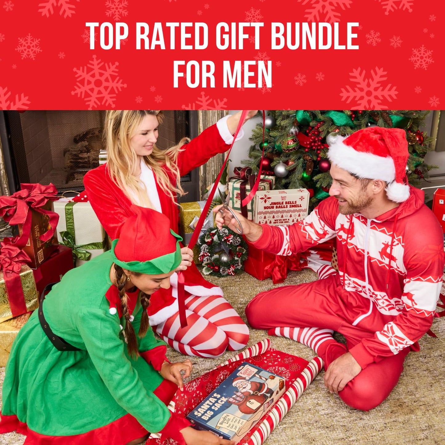 Happy Nuts Santa’s Big Sack - Funny Holiday Gift Box for Men - 4-in-1 Men's Care: Comfort Cream, Hydrating Body Wash, Whole Body Deodorant Stick, Anti-Chafing Powder - Hilarious Gift Basket for Him