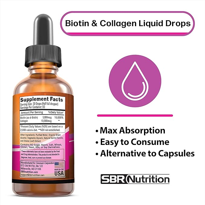 SBR Nutrition Biotin and Collagen Liquid Daily Dietary Supplement, Vitamins for Hair Growth and Thickening, Skin Health and Nail Strength, 2 oz (60mL)