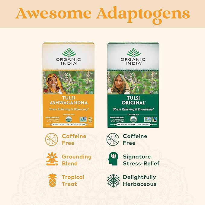 ORGANIC INDIA Calming Tulsi Ashwagandha Tea - Organic Tea Bags, Holy Basil Tea, Vegan, USDA Certified Organic, Non-GMO, Caffeine Free Tea - 18 Infusion Bags, 6 Pack