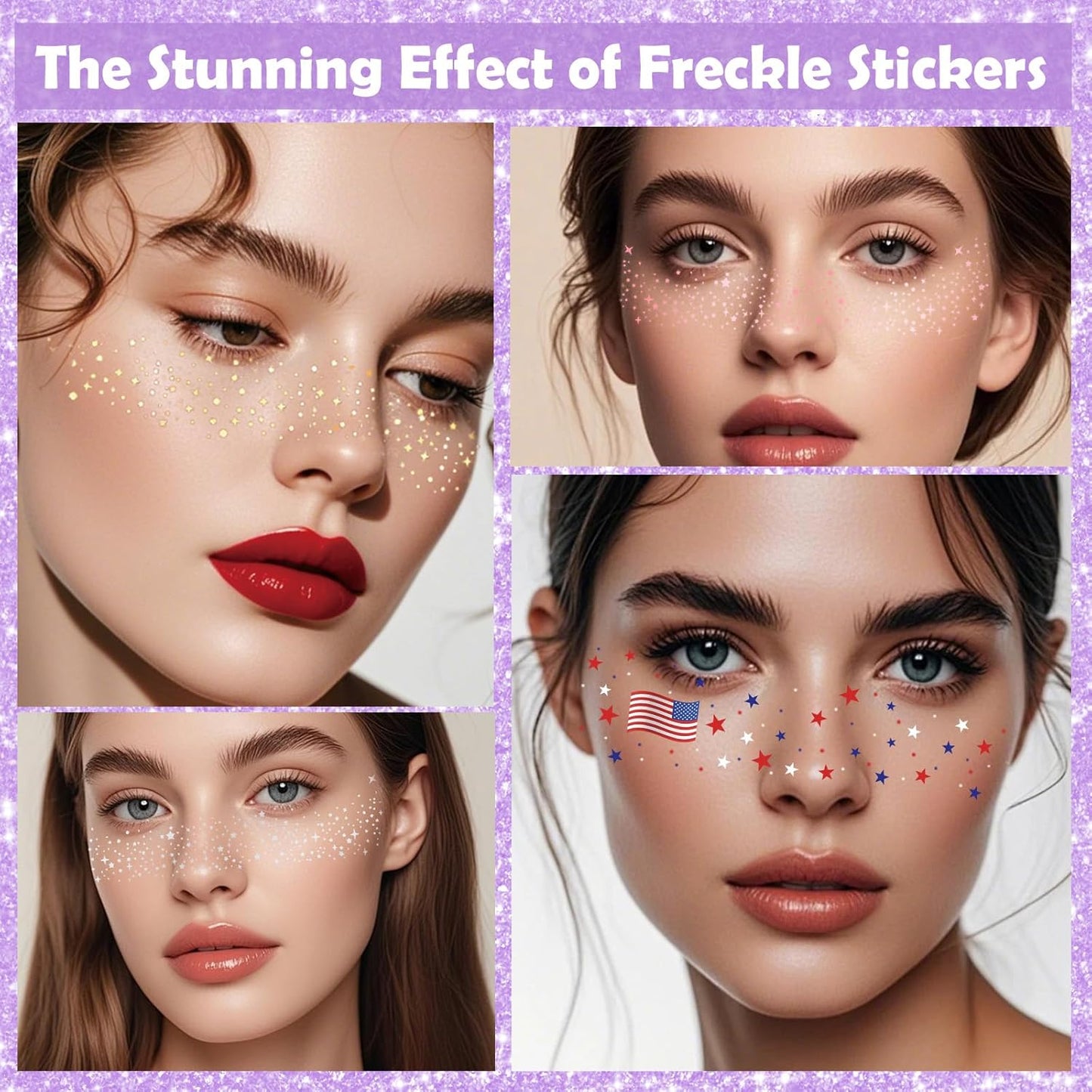 Yosca Glitter Freckles Face Tattoo, 6Pcs Metallic Silver Temporary Tattoos for Body Face Freckle Makeup, Waterproof Glitter Makeup Patches for Festival Concert Party Girl Women Rave Accessories
