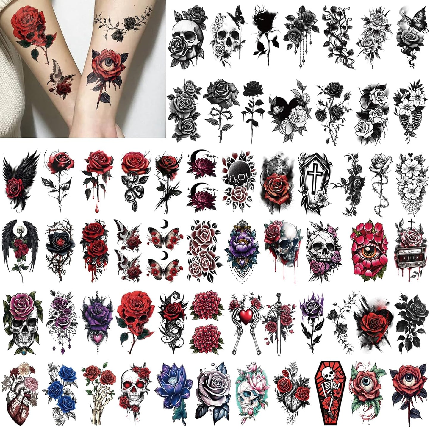 77 Sheets Flower Temporary Tattoos for Women, Weird Roses and Skulls Fake Tattoos, Waterproof Body Art Tattoo Stickers for Adults and Kids