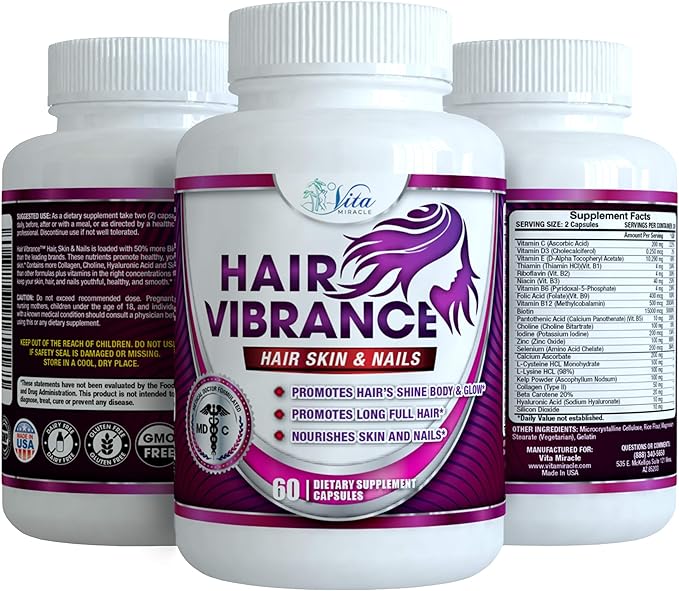 Hair Vibrance Hair Skin and Nails Vitamins - Doctor Formulated with 15000mcg Biotin for Hair Growth and 23 Hair Growth Vitamins for Longer Shiny Full Healthier Hair Skin Nails and Lashes (3 Pack)