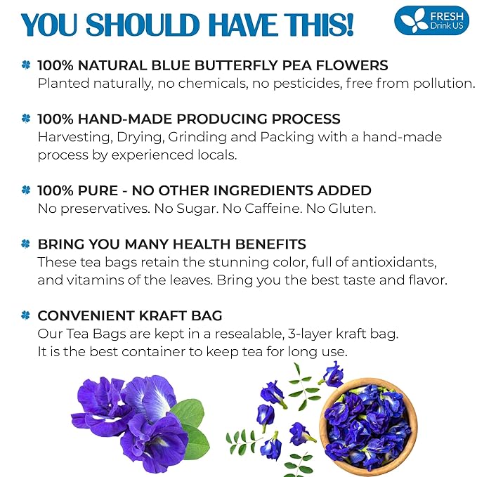 FreshDrinkUS, Premium 100 Blue Butterfly Pea Flowers Tea Bags, 100% Natural and Pure from Butterfly Pea Flowers, Made With Natural Material Tea Bag, No Sugar, No Caffeine, No Gluten, Vegan