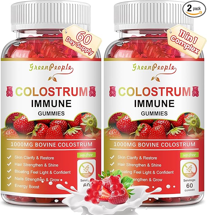 2 Pack Colostrum Supplement Gummies for Women & Men, with Biotin 10000mcg, Collagen, Grape Seed, Vitamin A, D3, B1 for Hair Skin Nails,Immue Support, Sugar-Free, 60 Day Supply