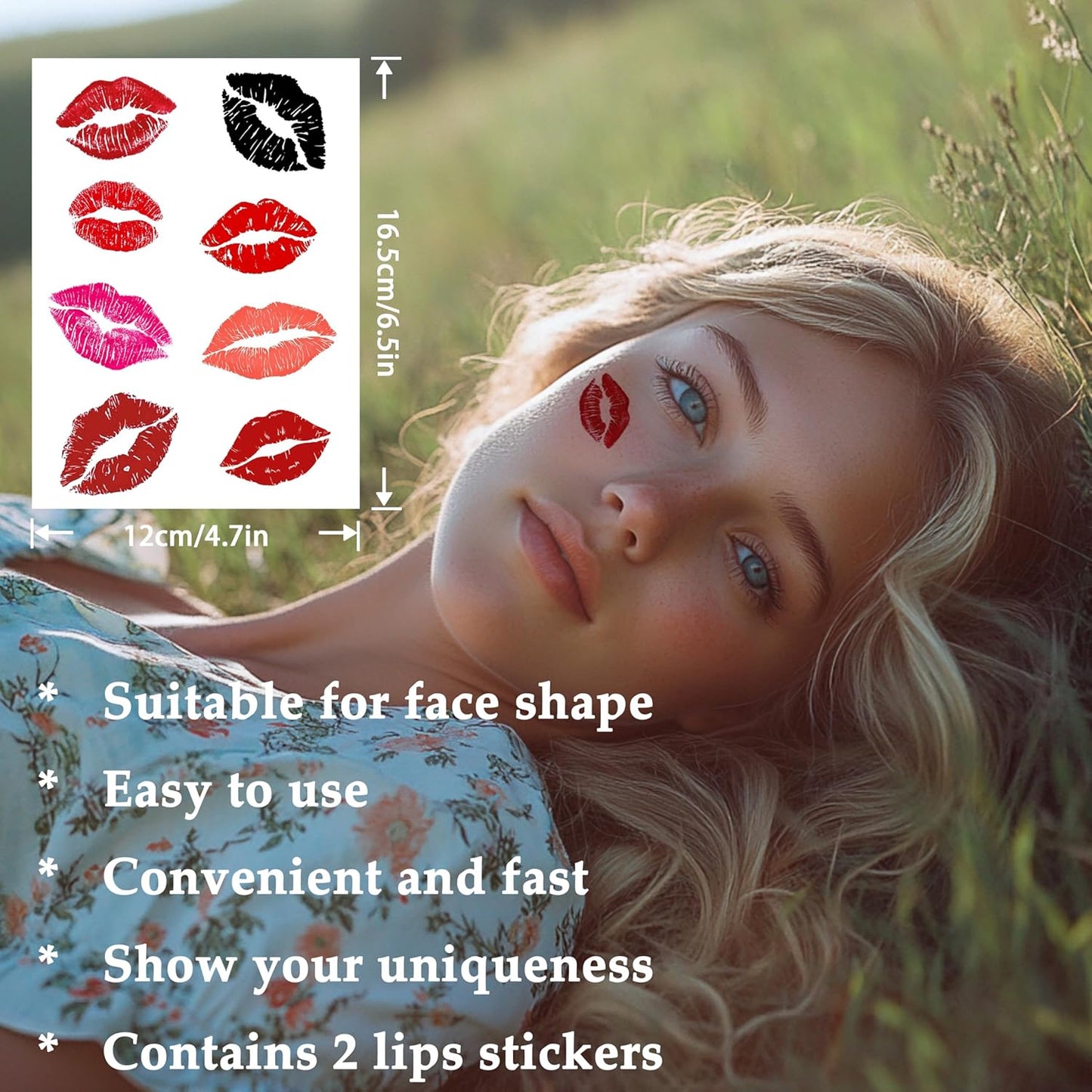 2pcs Makeup Stickers, Waterproof Face Lips Temporary Tattoo Stickers, Masquerade Stickers, Wedding Face Makeup Stickers for Women.