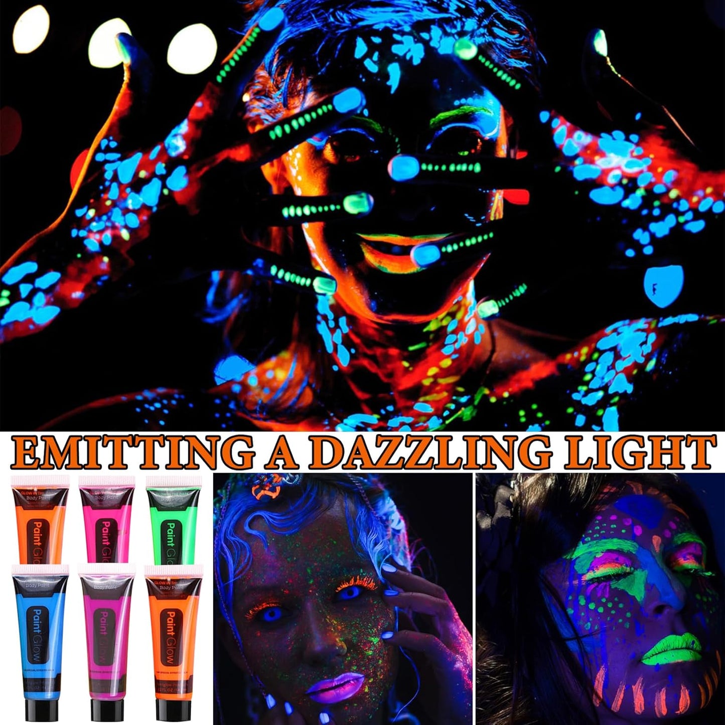 12 Pcs Glow in the Dark Face Body Paint,Blacklight Neon Face & Body Paints,Easily Cleanable Paint Set Neon Makeup Glow in the Dark Party Supplies