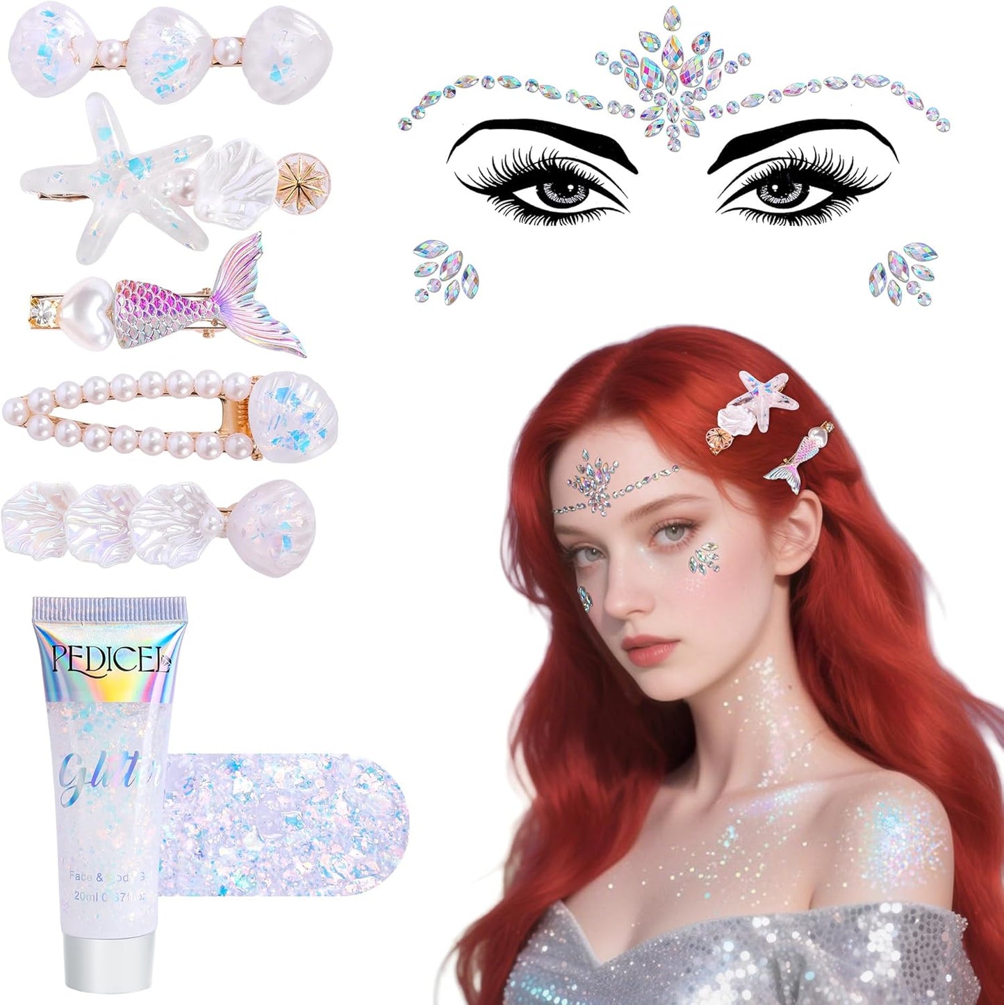 Wehhbtye 7 Pcs Mermaid Hair Clips Face Gems Glitter, Starfish Hair Clip Glitter Stickers and Gel, Mermaid Costume Accessories Set for Women Girl Cosplay Halloween Beach Theme Party Supplies