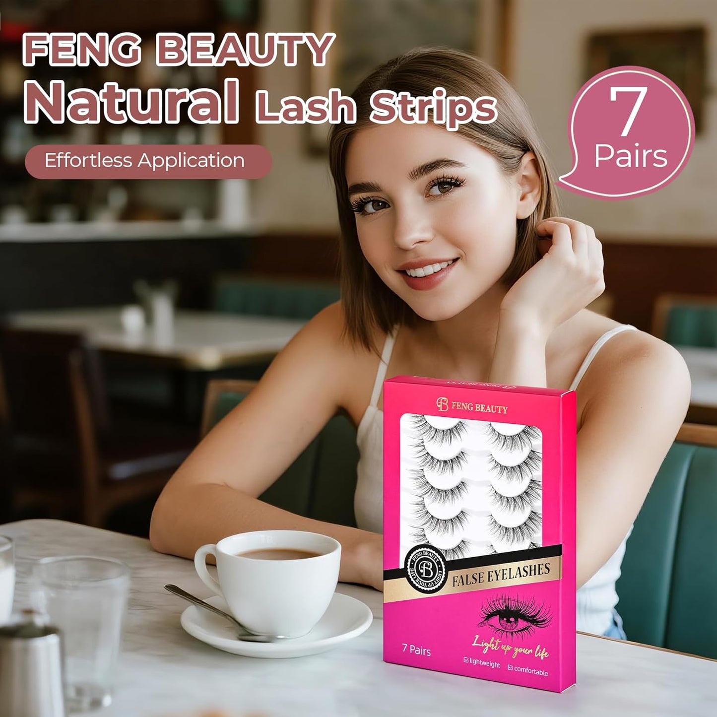 Cat Eye Lashes – Natural Wispy False Eyelashes with Clear Band, Reusable Fake Eyelash Strip Lashes for Daily Wear, 7 Pairs Natural Look