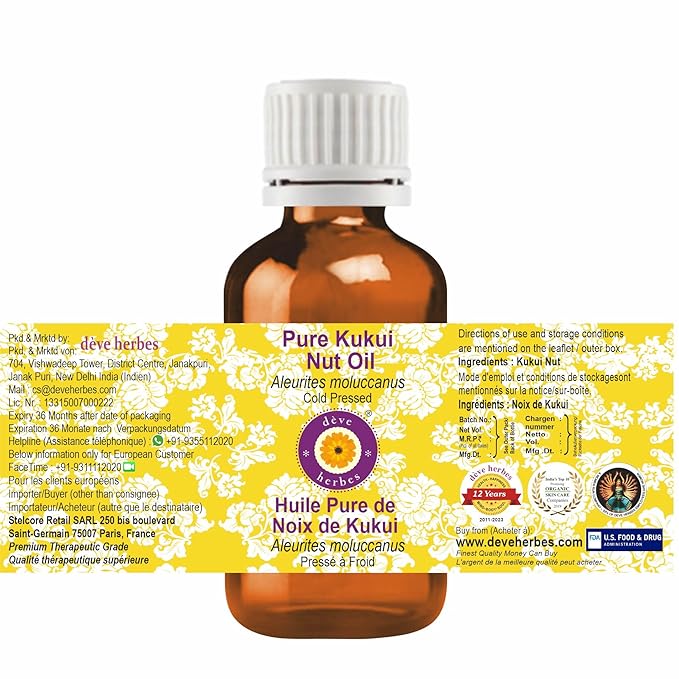 Deve Herbes Pure Kukui Nut Oil (Aleurites moluccanus) Natural Therapeutic Grade Cold Pressed 15ml (0.50 oz)