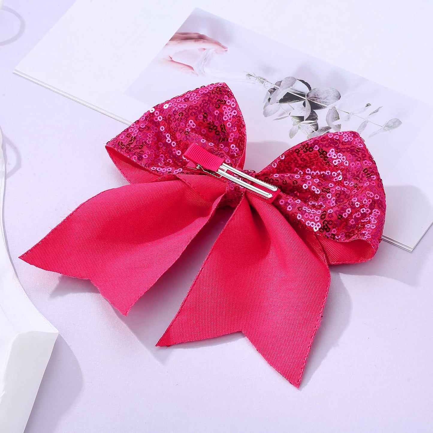 Large Big 7 Inch Glitter Bow Clip Sequin Bling Party Hair Accessories for Women Teens Girls Kids 1 Pcs (Hot Pink)