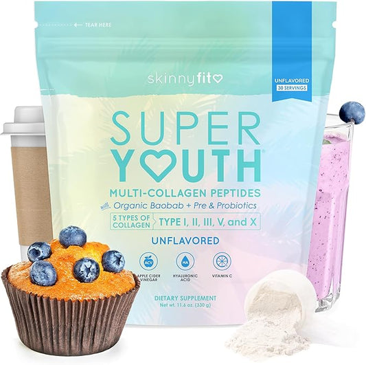 SkinnyFit Super Youth Unflavored Multi-Collagen Peptides + Probiotics, Baobab Fiber, Apple Cider Vinegar, Hyaluronic Acid, & Vitamin C, Skin, Hair, Joint & Metabolism Support, 30 Servings