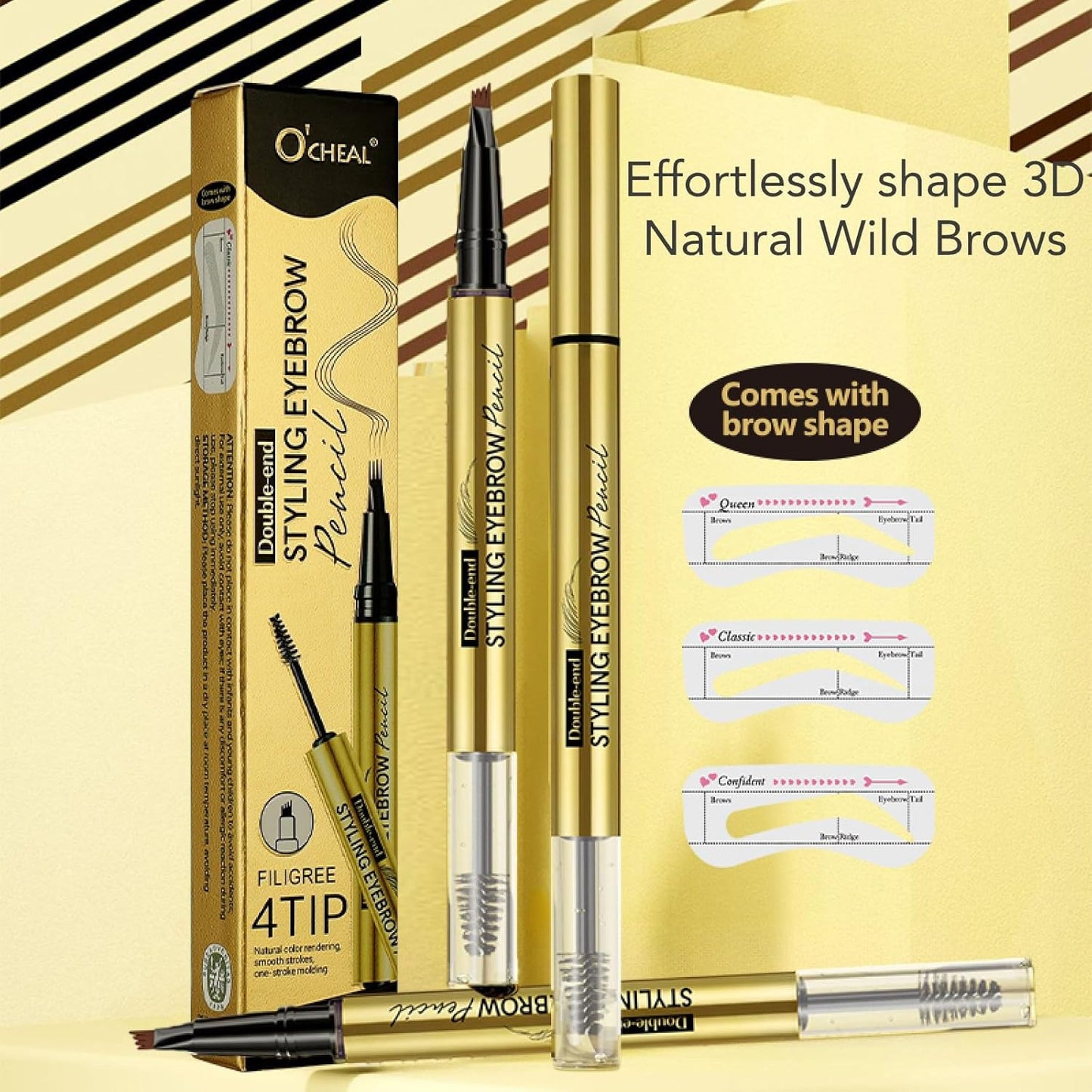 O'CHEAL Double-end Styling Eyebrow Pen and Eyebrow Gel with 3 eyebrow cards, 2-in-1 Eyebrow Pencils for Women with 4-Fork-Tip & Clear Brow Gel, Eyebrow Makeup 03#DARK BROWN