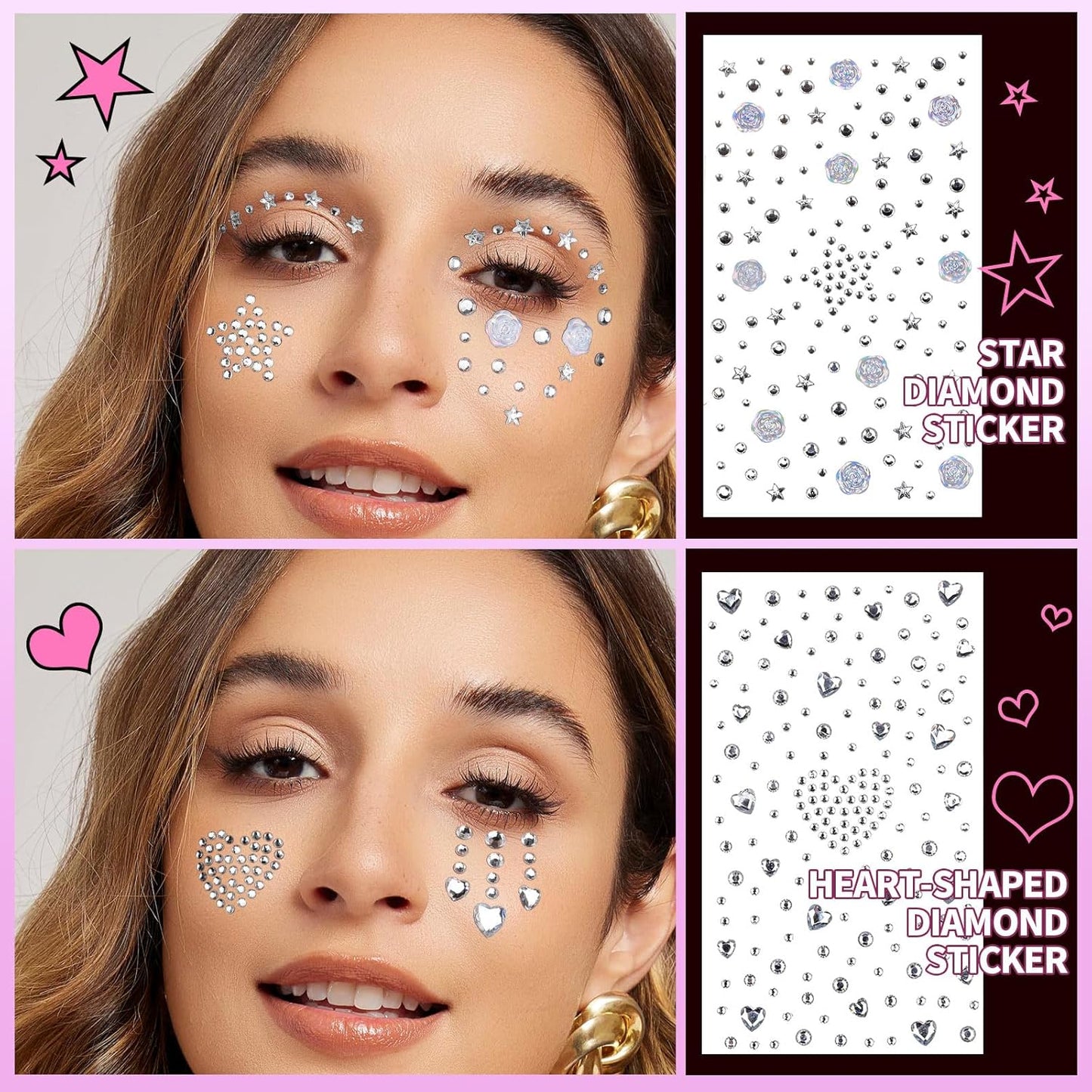 YGDZ Face Gems, Self Adhesive Face Jewels, Hair Gems, Festival Essentials Rhinestone Stickers, Rave Accessories, Face Stickers for Kids, Women