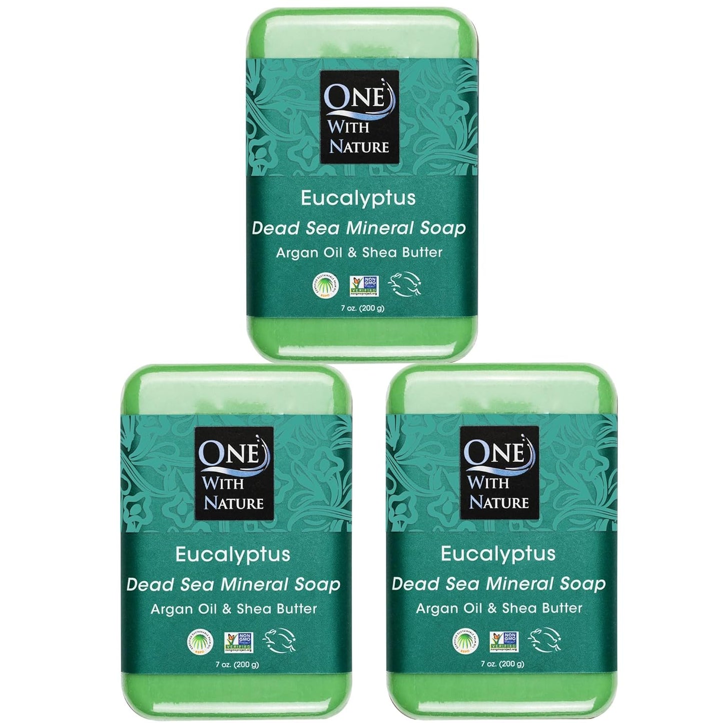 One With Nature Eucalyptus Soap 7oz 3-Pack – Rejuvenating and Exfoliating Soap Bar with Dead Sea Salt for Face & Body, for Men & Women