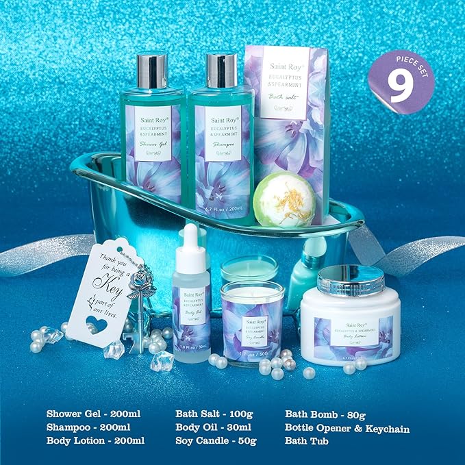 Mother's Day Gifts for Mom 9Pcs Luxury Spa Gift Basket for Women, Unique Spa Gift Basket Set Gifts for Women , Men, EUCALYPTUS Home Spa Kit Bath and Body Gifts Set, Luxury Gift Basket for Birthday