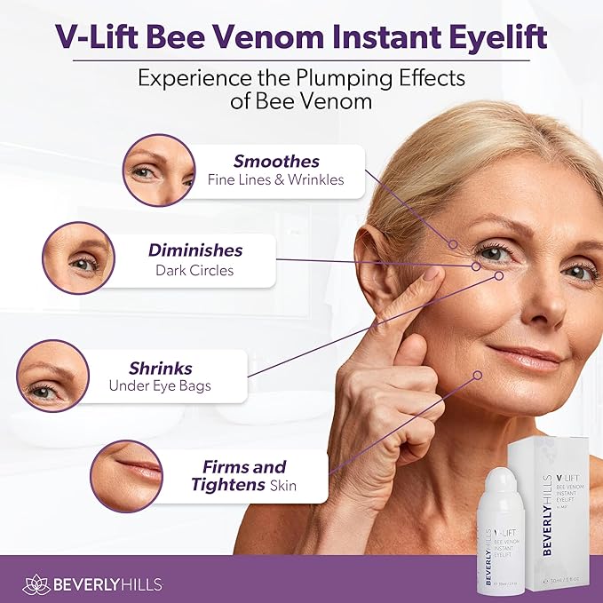 Beverly Hills V-Lift Instant Eye Lift and Eye Tuck Bee Venom Serum for Puffy Eyes, Dark Circles, Wrinkles, and Under Eye Bags Treatment for Women and Men | 30mL (120 Day Supply)