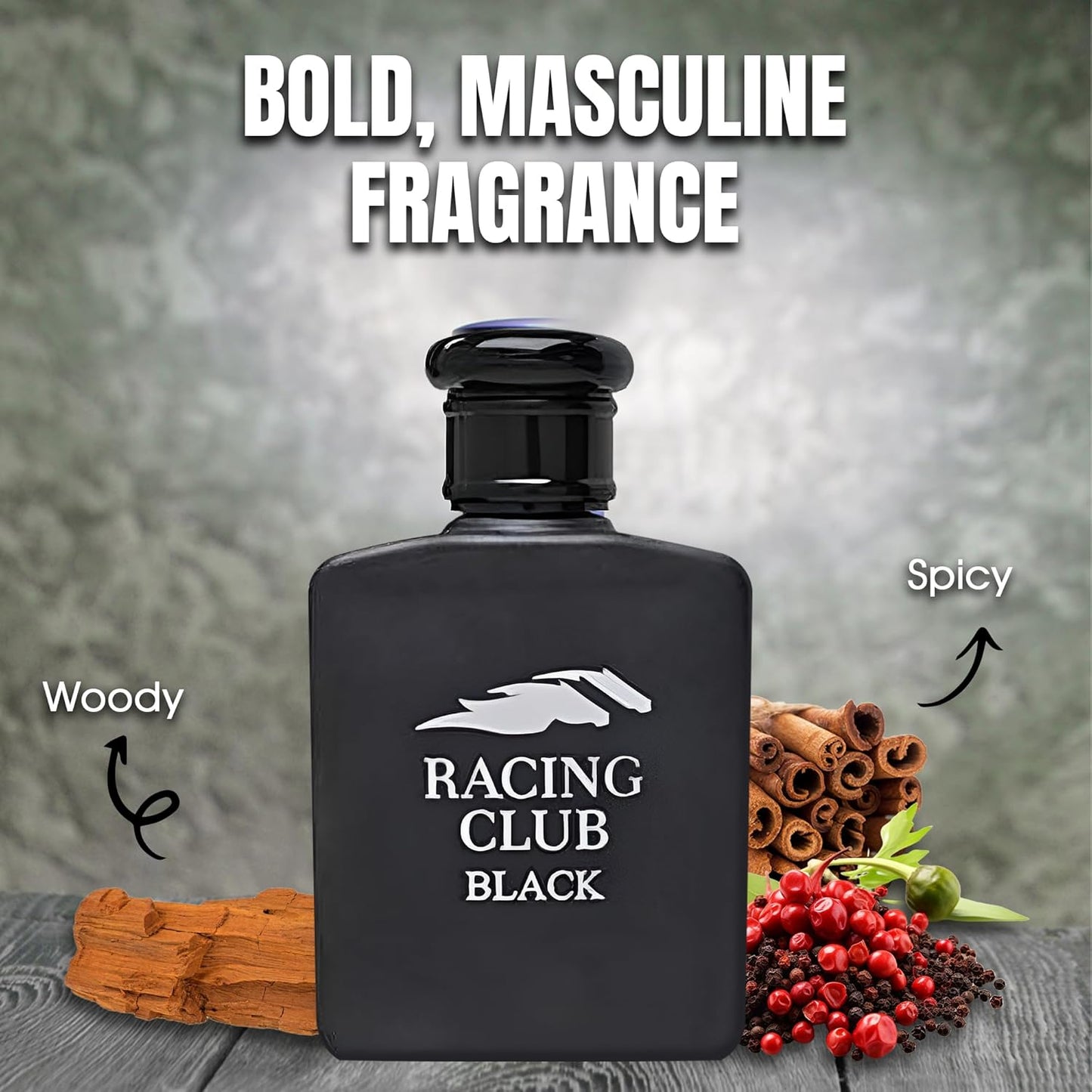 Racing Club Black Sensual Woody Fragrance for Men | Long Lasting Cologne Aromatic Scent, Eau de Parfum Natural Spray - Great Holiday Gift, 3.4 Fl Oz/100 Ml