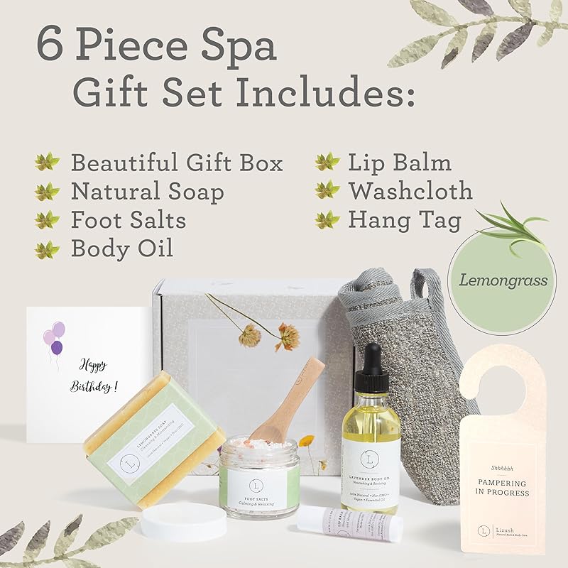 Lizush Lemongrass 6-Piece Spa Gift Set for Women - Relaxing Self-Care Basket, Luxury Handmade Body Care Items for Premium Relaxation - Happy Birthday - Handmade in the USA