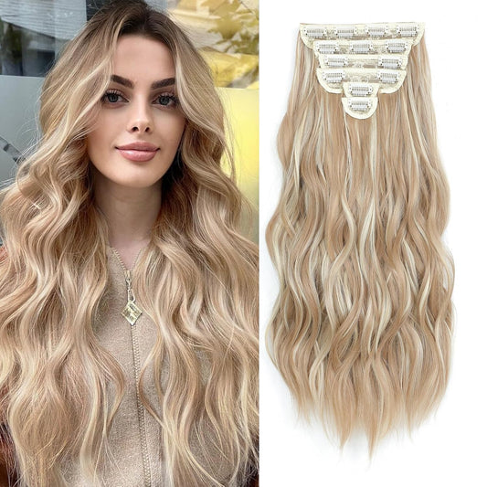 Clip in Hair Extensions for Women Honey Blonde with Platinum Highlights Long Wavy Hair Extensions Clip Ins 6PCS 20 Inch Synthetic Soft and Natural Thick Hair Pieces for Women