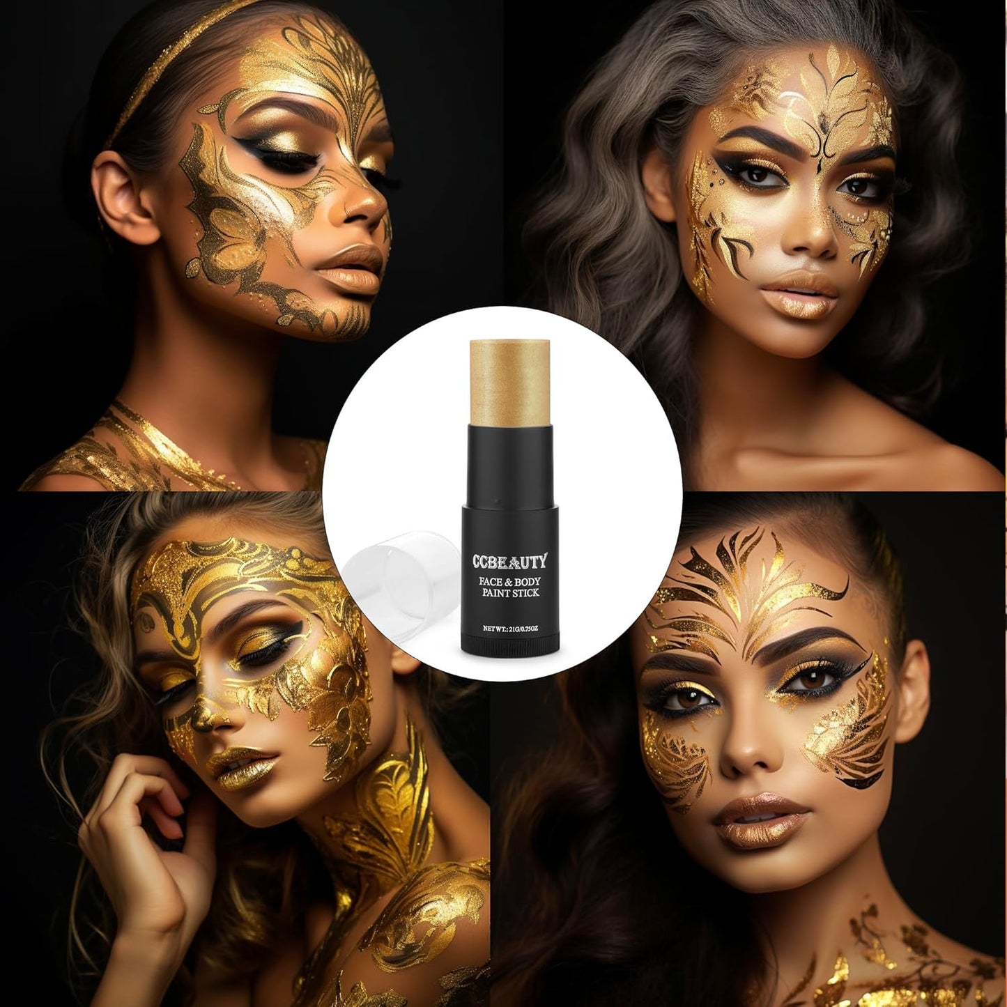 CCbeauty Gold Face Paint Stick, Metallic Face Painting Kit, Full Coverage SFX Makeup Foundation, Professional Non-Toxic Body Paint for Halloween Costume Party, For Wonder Women, Iron Man Makeup
