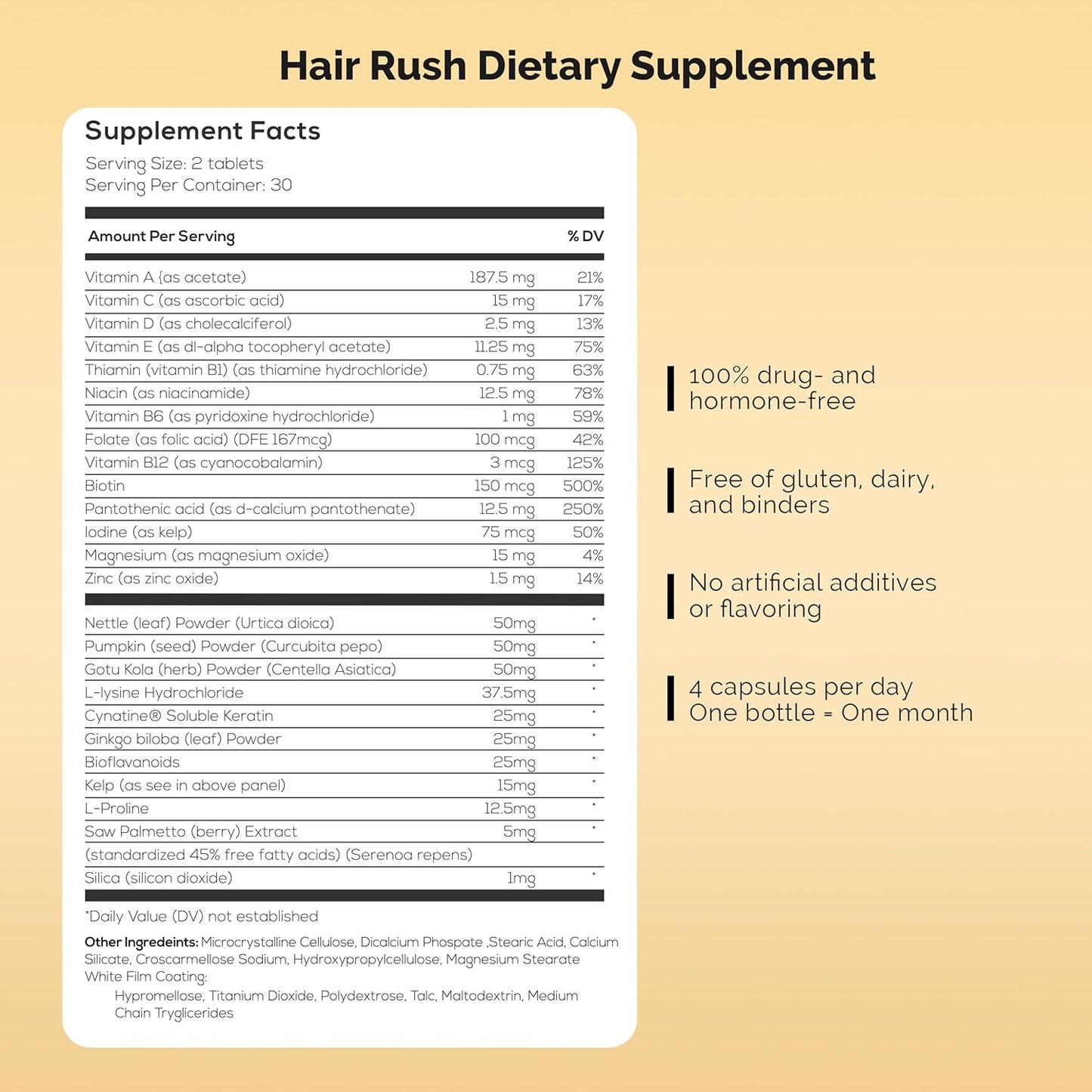 Hair Rush | Maxx Hair Growth & Anti Hair Loss Nutrient Solubilized Keratin Vitamin Supplement, 60 Tablets.