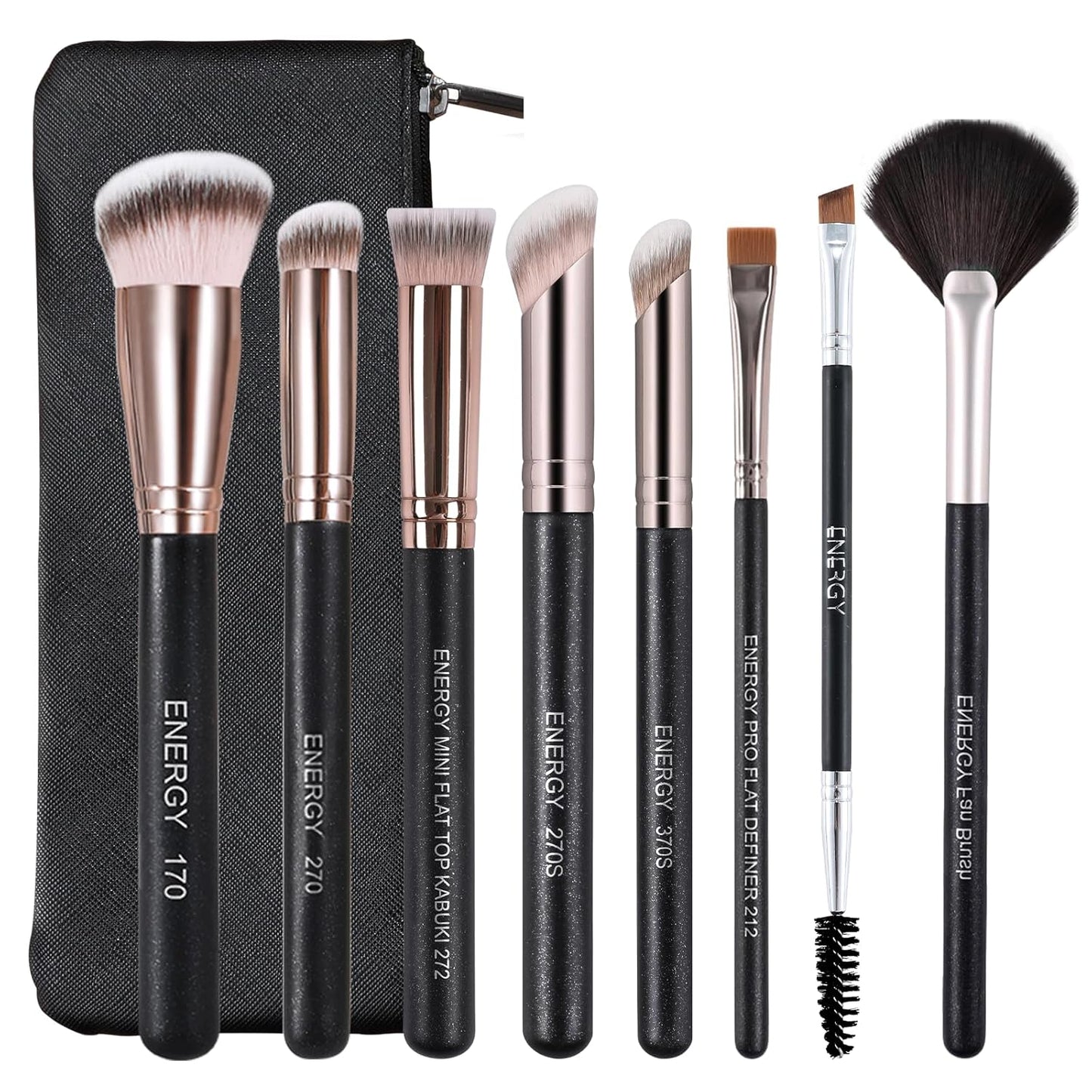 ENERGY Makeup Brush Set - 8PCS Professional Makeup Brushes for Foundation, Concealer, Eyeshadow, Blending, Contour, Powder, Eyeliner, Vegan Synthetic Fiber, Portable Travel Kit with Case (Black)