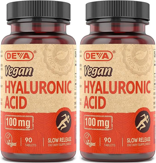 DEVA Vegan Hyaluronic Acid 100mg Tablets, Slow Release, 2-Pack – Non-GMO, Non-Hemolytic, 90 Count Ea