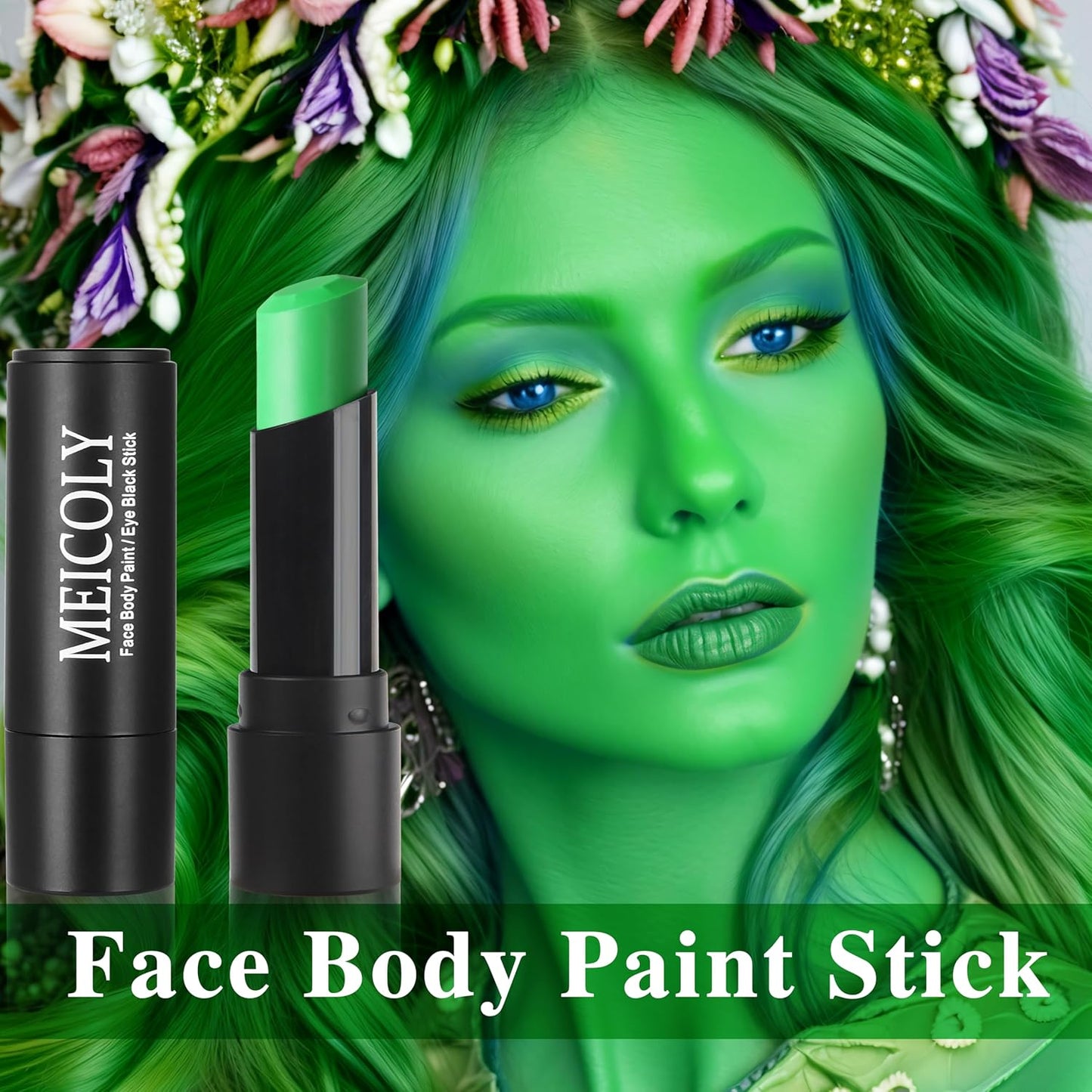 MEICOLY Lime Green Face Body Paint Stick for Halloween SFX Witch Hulk Cosplay Makeup,Elphaba Green Face Paint,Hunting Camo Face Paint,Waterproof Eye Black Stick for Baseball Softball Football Lacrosse