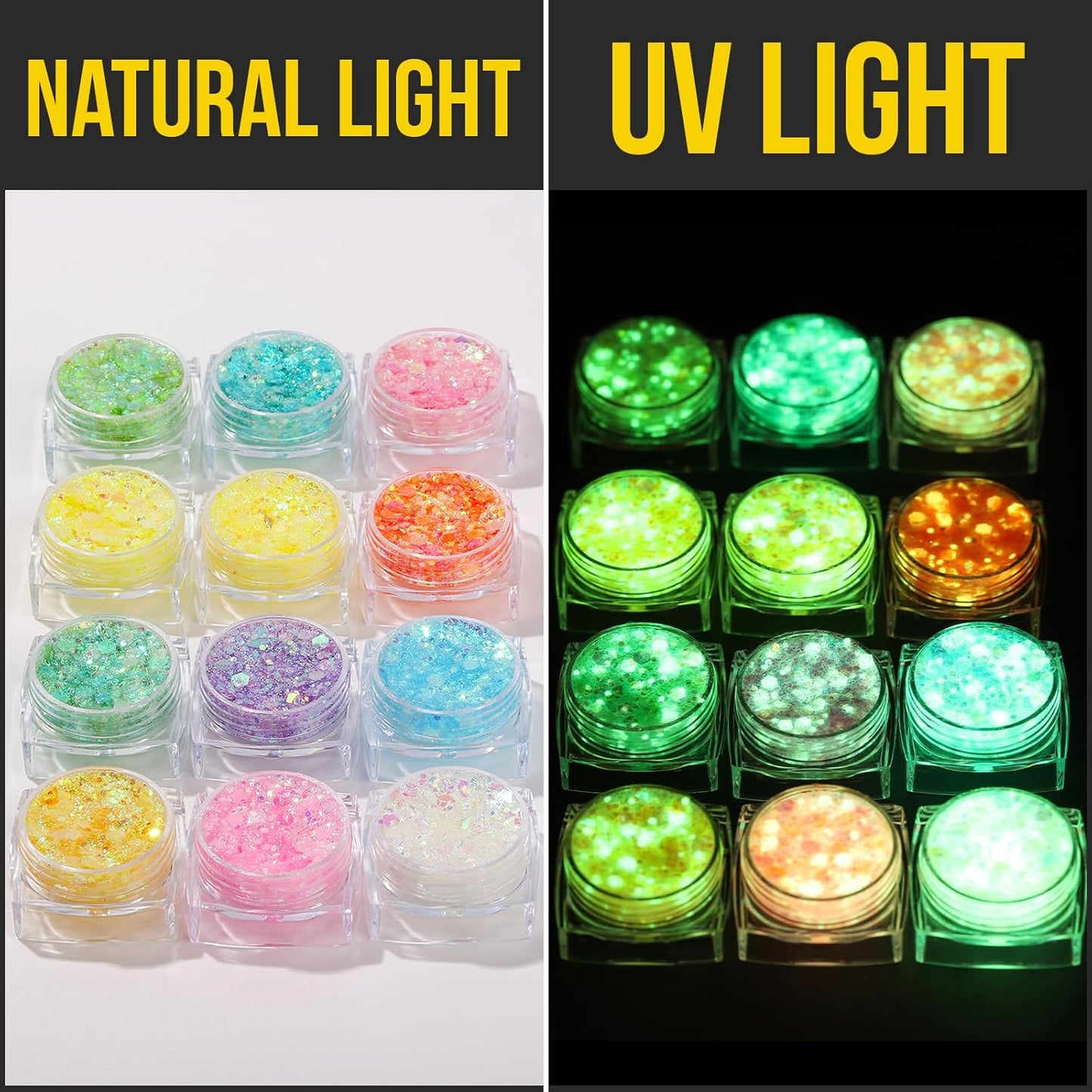 Teenitor 12 Colors Makeup Festival Face Glitter and 12 Colors Glow in The Dark Body Glitter Gel for Women, Glitter Gel for Face and Body, Hair