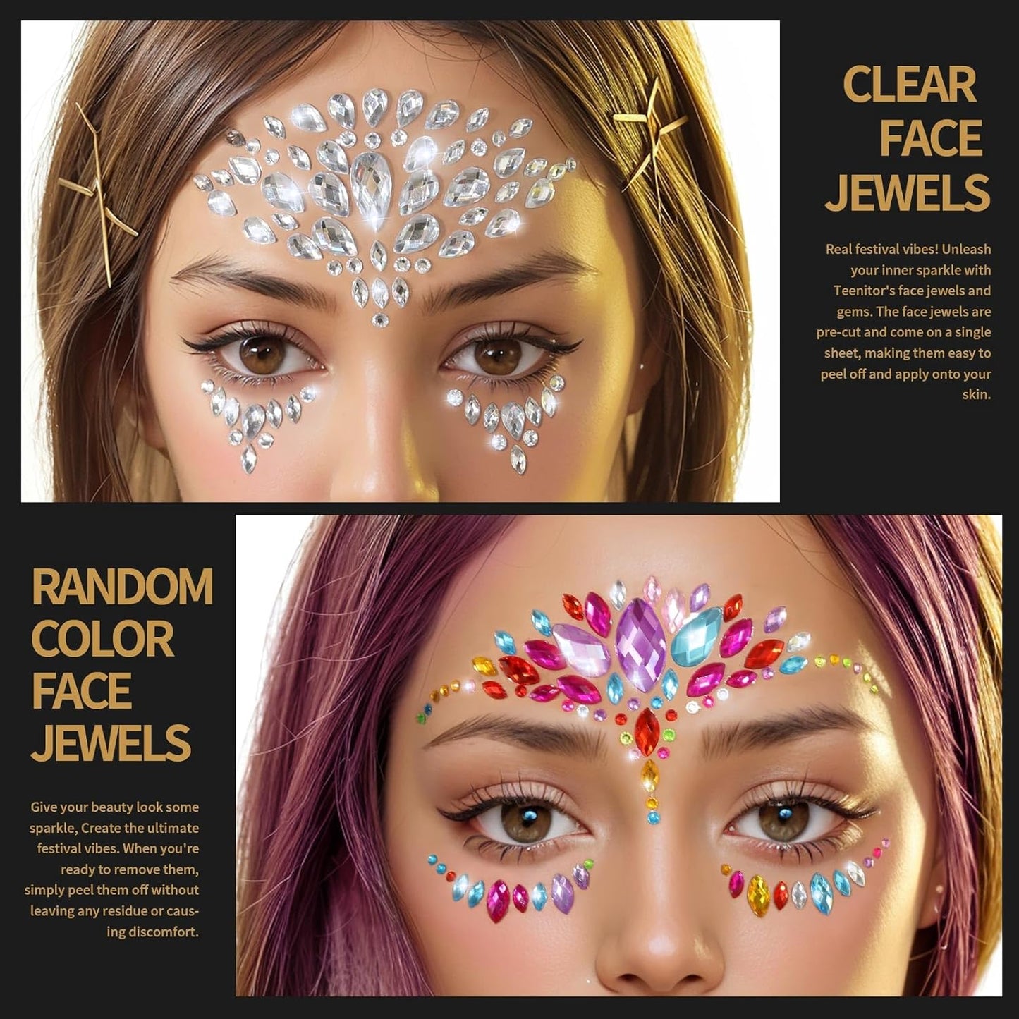Teenitor Face Gems Festival Face Jewels Makeup Face Rhinestones, Hair Gems, Eye Gems, Body Gems, Stick On Gems for Face, Eye, Body, Hair
