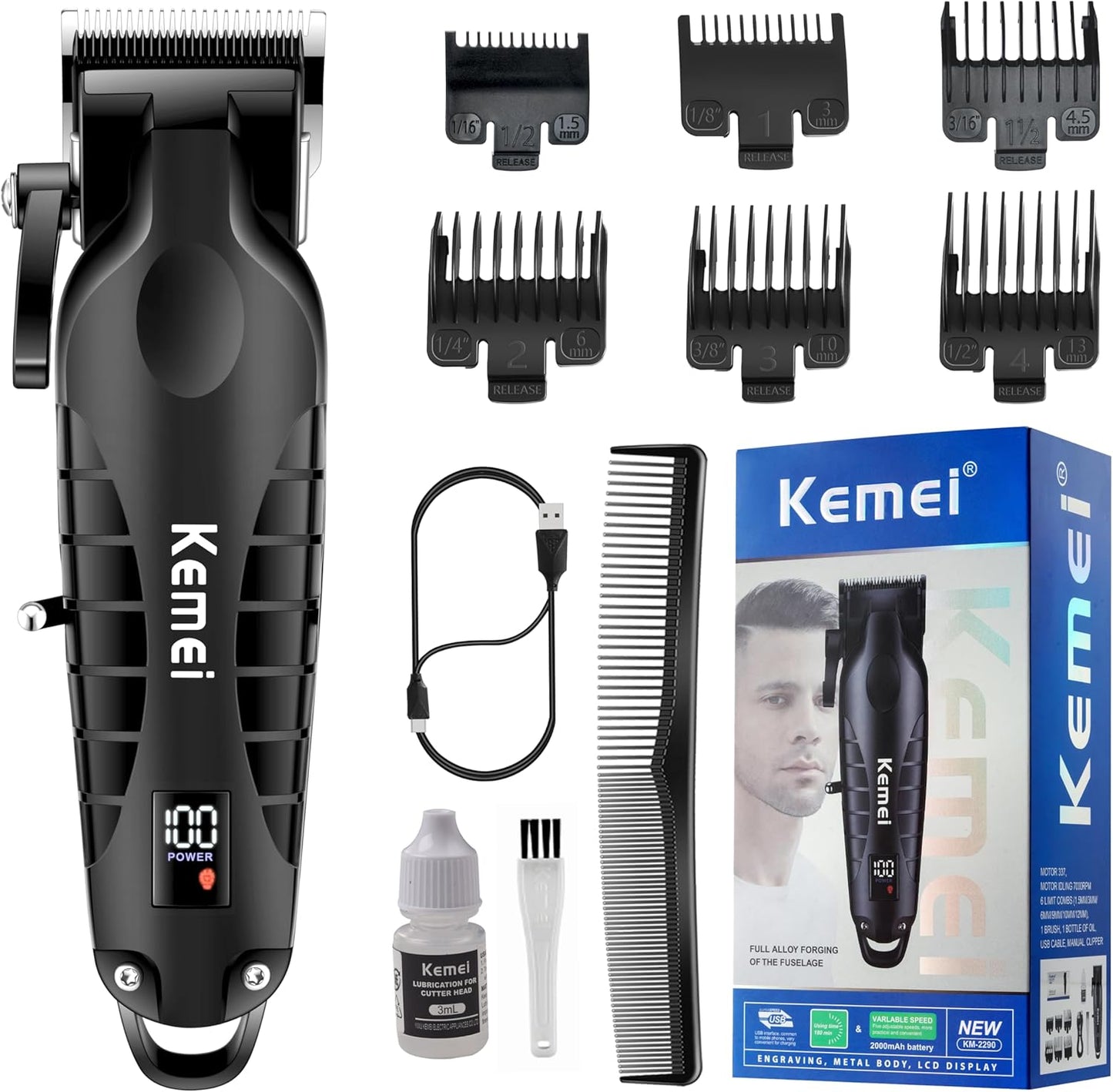 KEMEI 2290 Professional Hair Clippers for Men Cord/Cordless Hair Cutting Kits, Hair & Beard Trimmer, T Blade Barber Clipper with LED Display & USB Rechargeable, Black