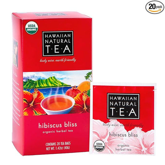 Hawaiian Natural Tea - Organic Hibiscus Bliss Herbal Tea, Caffeine-Free Hibiscus, All-Natural and Antioxidant-Rich Wellness Tea, Vegan and Keto-Friendly, 20 Bags
