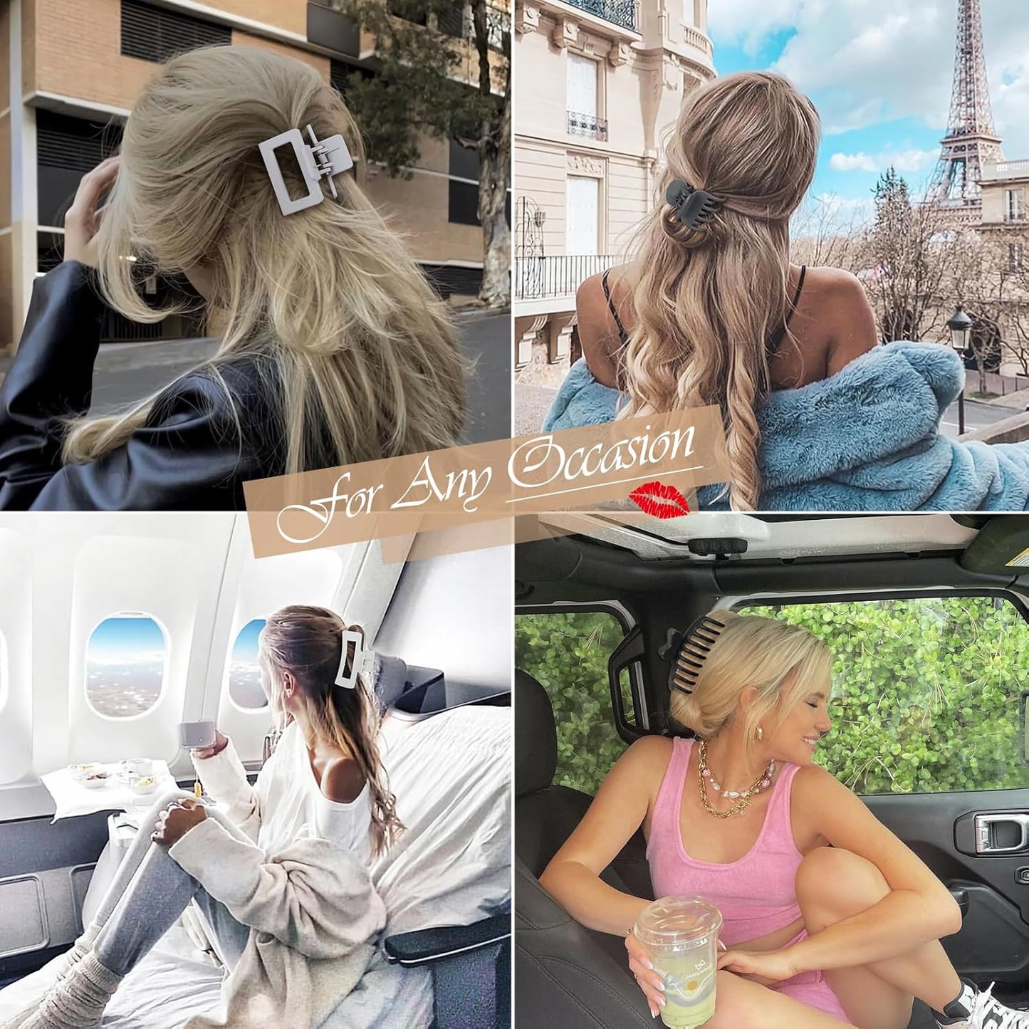 8 Pcs Large Claw Clips for Thick Hair, Medium Claw Clips, Small Clips for Thin Hair, Rectangle Square Butterfly Clips for Women - 4 Style Accessories (Grey)