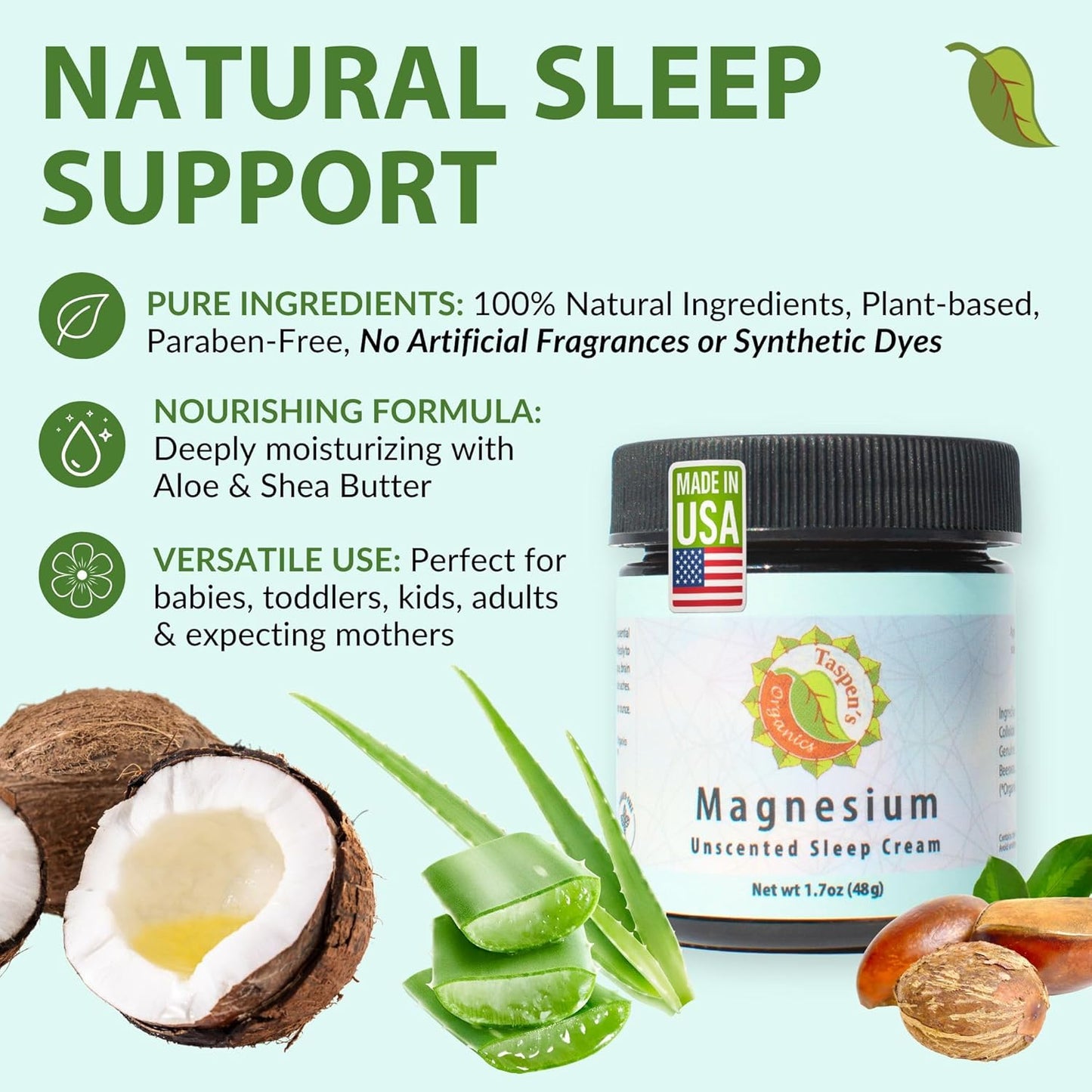 Taspen's Organics Magnesium Unscented Sleep Cream | Natural Nighttime Topical Magnesium for Babies, Toddlers, Kids & Pregnancy | Promotes Relaxation, Deep Sleep & Soothes Muscles (9 oz)