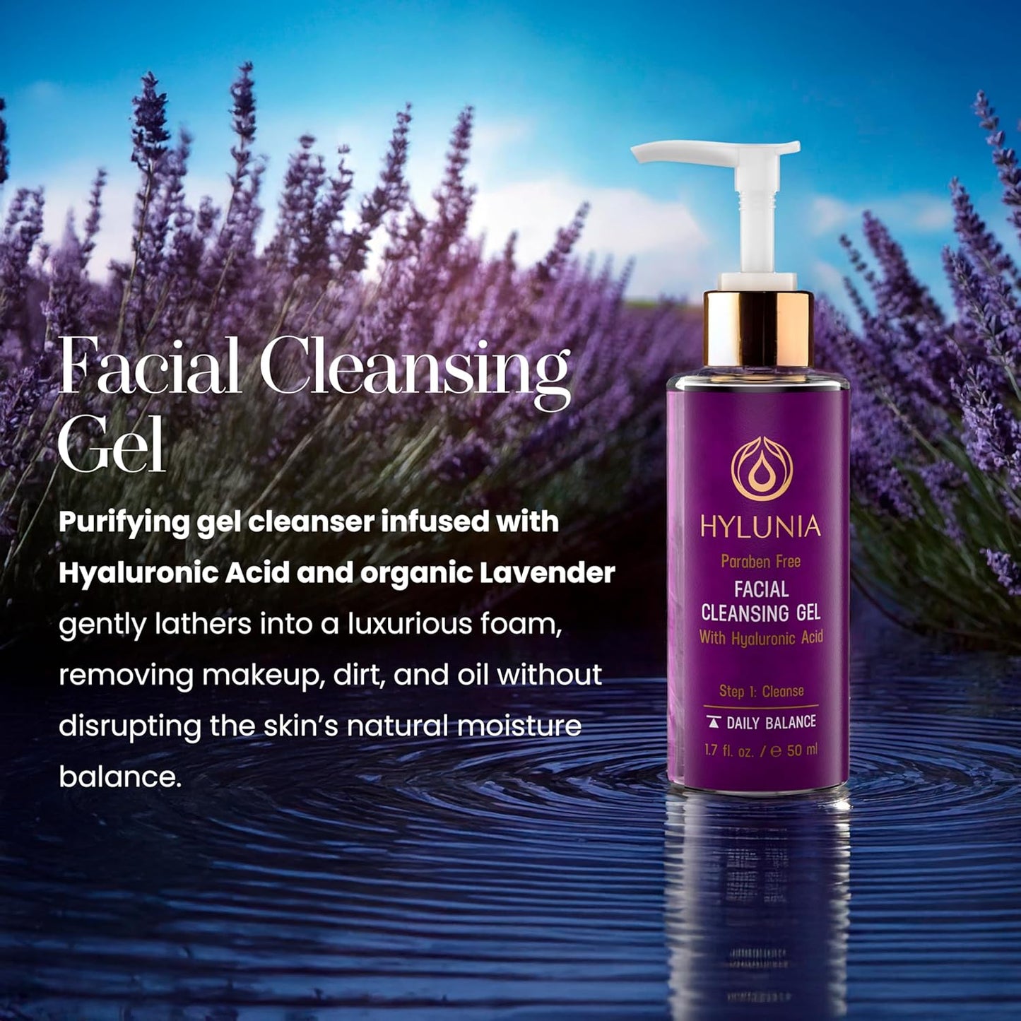 Hylunia Facial Cleansing Gel, Hydrating Cleanser & Makeup Remover w/Hyaluronic Acid, Organic Lavender & Plant Extracts. Deep Cleans, Balances Skin, Soothes Acne-Prone Skin. Sulfate Free. 5.1 fl. oz.