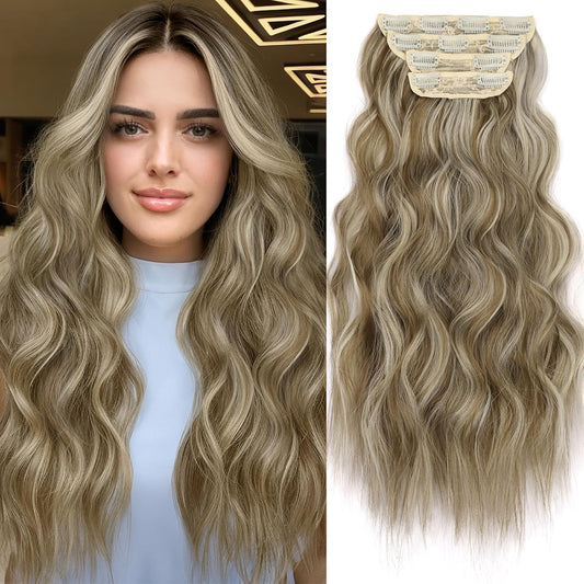 KooKaStyle Clip in Synthetic Hair Extensions Long Wavy 4PCS Thick Hairpieces Light Brown mix Light Blonde F8/613 Fiber Double Weft Natural Hair Extensions 20 Inch for Women