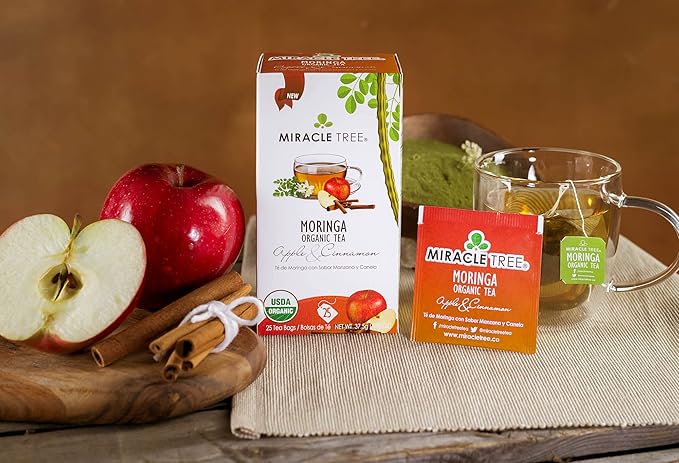 Miracle Tree - 6 Count of Organic Moringa Superfood Tea, 25 Individually Sealed Tea Bags, Apple & Cinnamon (Keto, Detox, Energy/Immunity Booster, Vegan, Gluten-Free, Organic, Non-GMO, Caffeine-Free)
