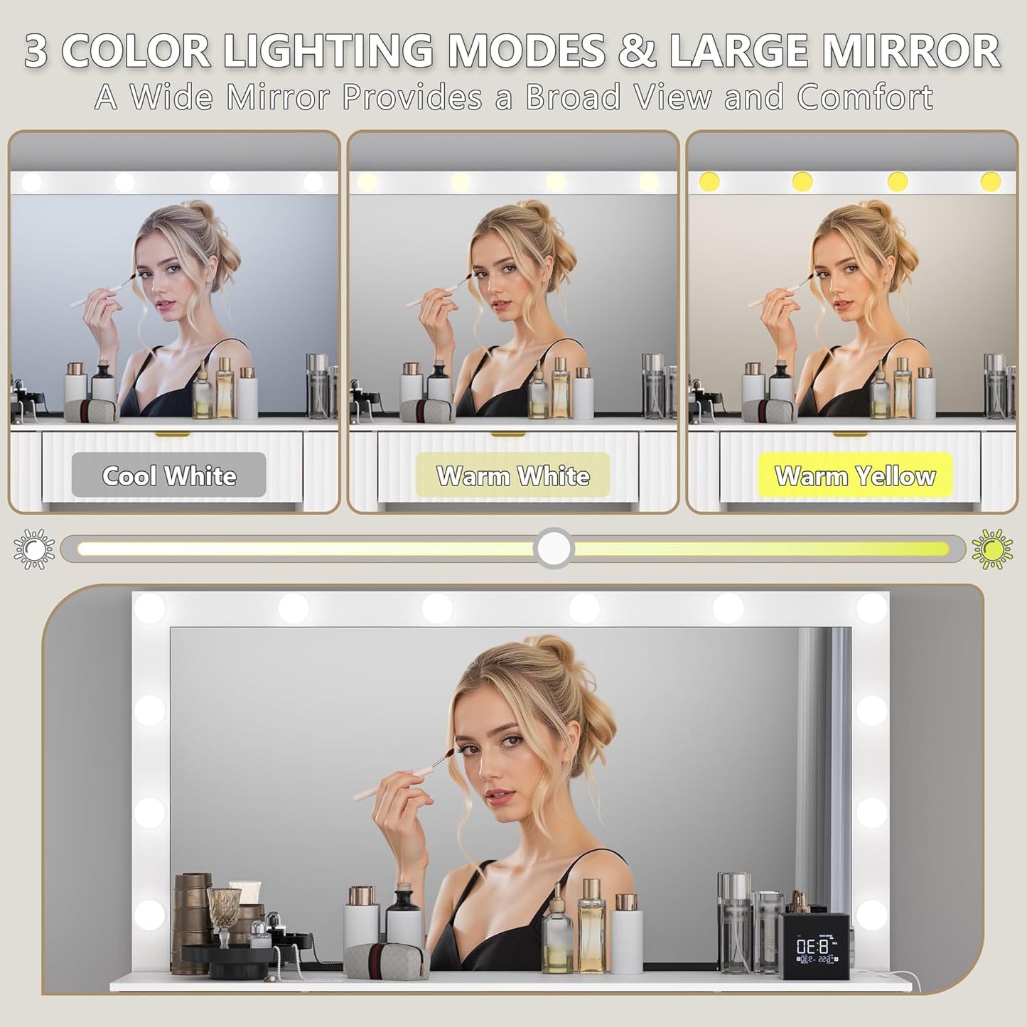 Fluted Makeup Vanity with Large Lighted Mirror and Chair, 7 Drawer Dressing Table with Power Outlet and USB, Elegant Vanity Desk with Cushioned Stool for Bedroom, Women, Girls