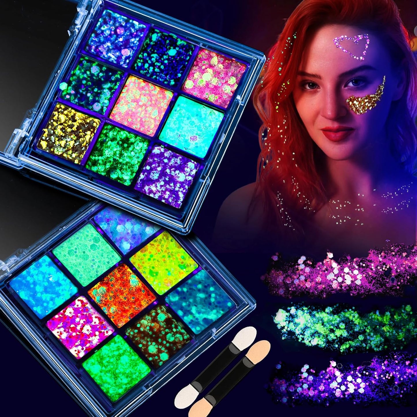 FANDAMEI Glow in The Dark Glitter, 2 Glitter Gel Palette 18 Grids Face Body Hair Glitter for Glow in The Dark Glitter Makeup, Face Glitter for Kids Women for Halloween Rave Concert Face Paint