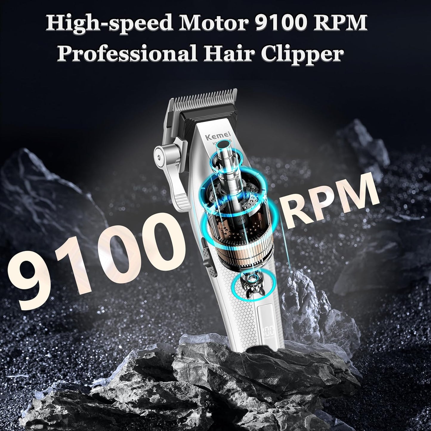 KEMEI Professional Hair Clippers for Men, Cordless Barber Clippers with Full Metal Body, DLC Blade Hair Trimmer with LED Display, KM-1798, KM-3023-702