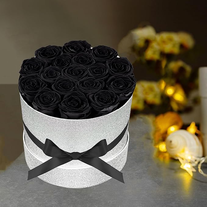 17 Black Flowers in Glitter Box, Birthday Gifts for Women, Preserved Flowers, Mothers Day Roses Gift for Mom