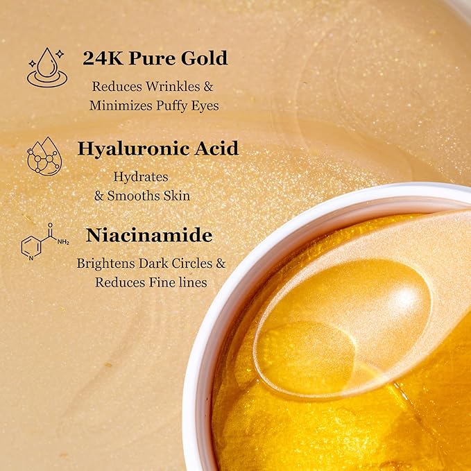 mivida Under Eye Patches 24K Gold with Hyaluronic-Acid•Niacinamide | Biodegradable 60 PCs for Under Eye Puffiness, Dark Circles & Wrinkles