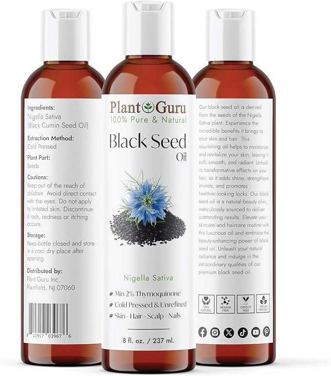 Black Cumin Seed Oil 8 fl. oz. Unrefined Cold Pressed 100% Pure Natural Nigella Sativa Kalonji Oil for Skin Care, Hair Growth, Scalp and Massage.